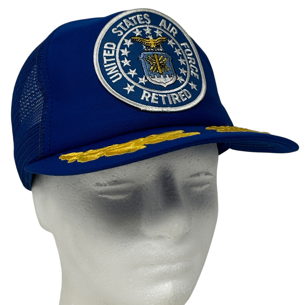 Vintage 80s US Air Force Retired Trucker Hat Cap Blue USAF Gold Scrambled Eggs